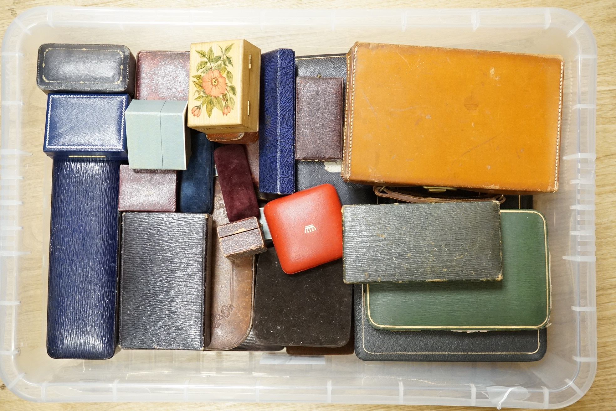 A group of assorted jewellery and cutlery boxes. Condition - poor to fair